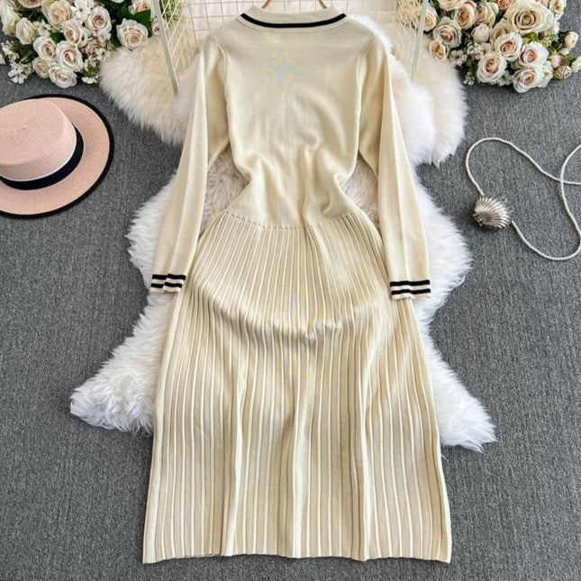 French Knit Dress Women'S Fall New Waist Senior Pleated Long Dresses