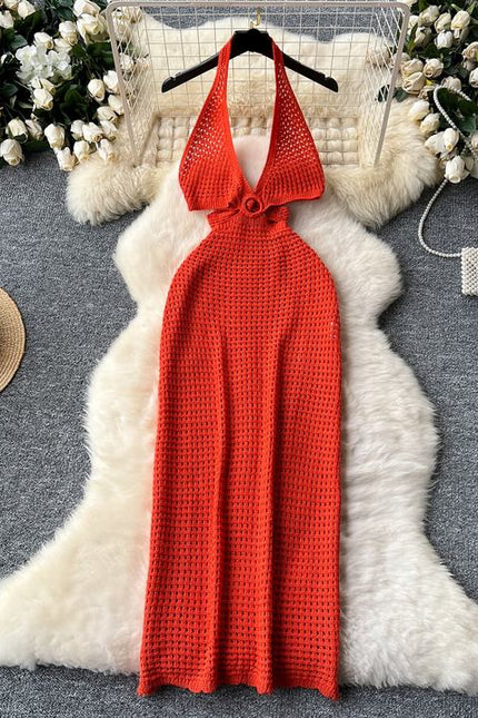 Spicy girl style hanging neck suspender dress for women in summer V-neck hollow out slit backless design long skirt