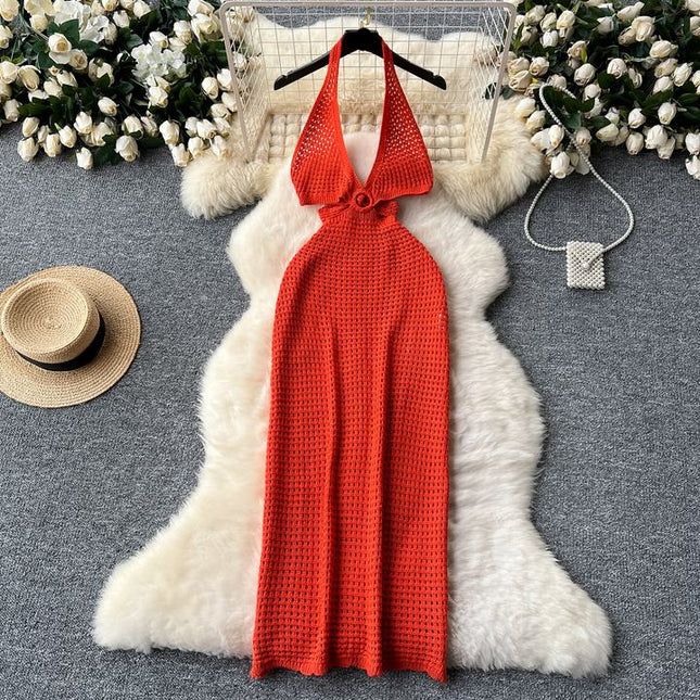 Spicy girl style hanging neck suspender dress for women in summer V-neck hollow out slit backless design long skirt