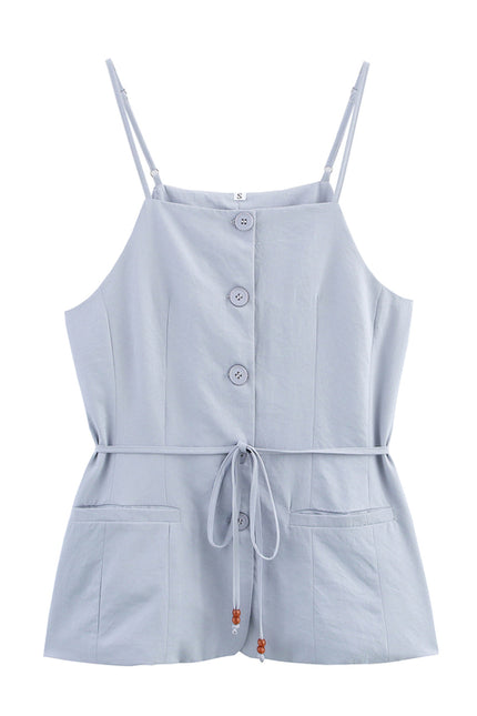 Blue Color Buttons up Spaghetti Strap Sashes Casual Fashion Women's tank Tops