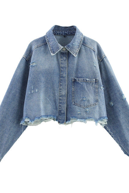 Turn Down Collar Long Sleeve Denim Blue Color Single Breasted Casual Fashion Jeans Jacket for Women