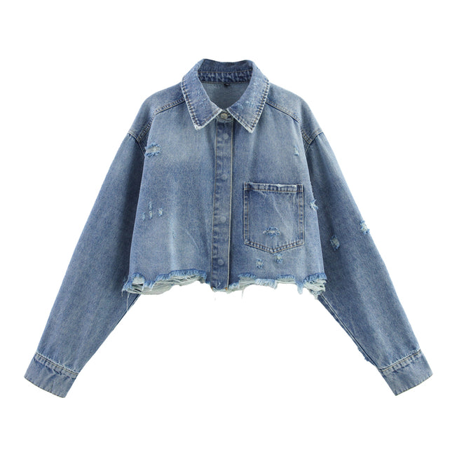 Turn Down Collar Long Sleeve Denim Blue Color Single Breasted Casual Fashion Jeans Jacket for Women