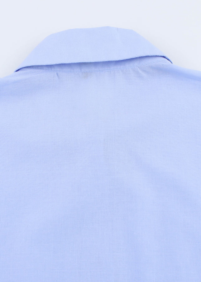 Turn Down Collar Long Sleeve Blue Color Buttons up Bottom Embroidery Eyelet Casual Fashion Tops Blouse for Women