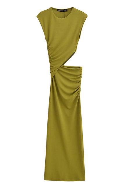 Waist Hollow Out Sleeveless Crew Neck Green Color Pleated Casual Fashion Summer Maxi Dress for Women