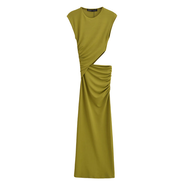 Waist Hollow Out Sleeveless Crew Neck Green Color Pleated Casual Fashion Summer Maxi Dress for Women