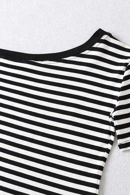4 Colorway Asymmetrical Design Short Sleeve Striped Print Casual Fashion Summer Women t Shirt