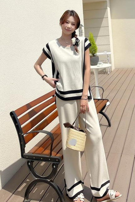 2024 New Fashion Simple Splicing Loose Shawl Sleeves Sweater Top High Waist Slimming Wide Leg Pants Two Piece Set