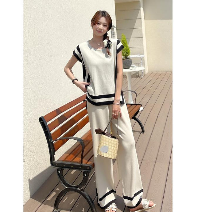 2024 New Fashion Simple Splicing Loose Shawl Sleeves Sweater Top High Waist Slimming Wide Leg Pants Two Piece Set