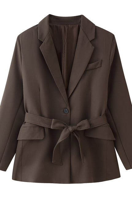 Notched Collar Brown Color Long Sleeve Sashes Hot Sale Casual Fashion blazer Jacket for Women
