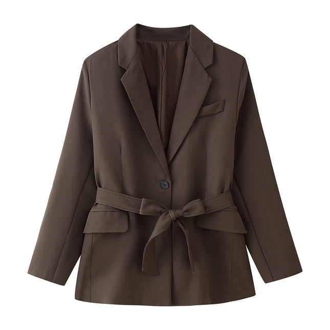 Notched Collar Brown Color Long Sleeve Sashes Hot Sale Casual Fashion blazer Jacket for Women