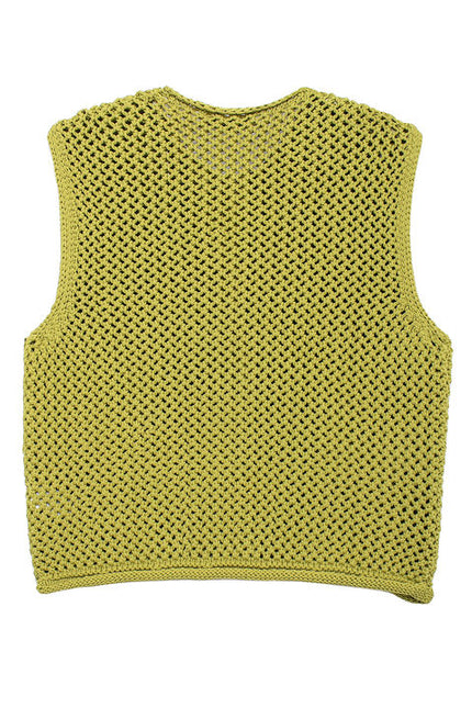 Crew Neck Green Color Single Breasted Front Pocket Knitted Casual Fashion Sweater Vest for Women