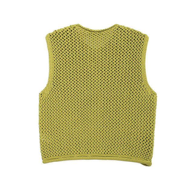 Crew Neck Green Color Single Breasted Front Pocket Knitted Casual Fashion Sweater Vest for Women