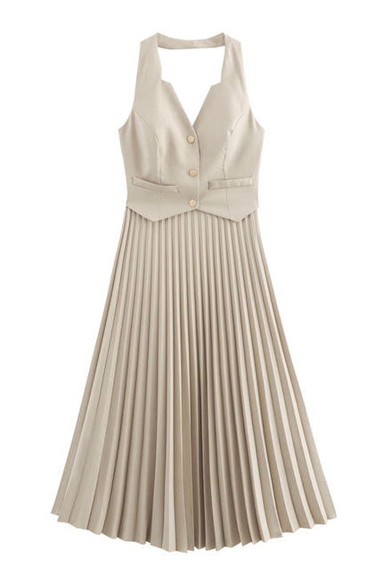 Back Hollow Out Solid Color Buttons up Sleeveless Casual Fashion Midi Pleated Dress for Women