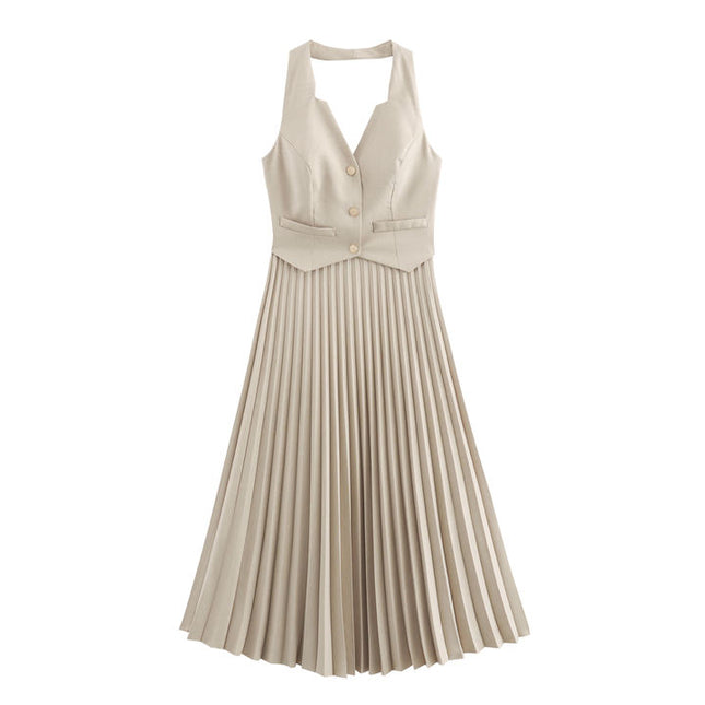 Back Hollow Out Solid Color Buttons up Sleeveless Casual Fashion Midi Pleated Dress for Women