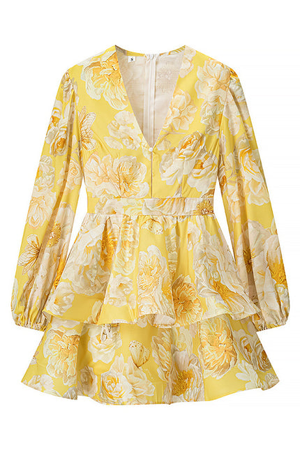 3 Colorway v Neck Long Sleeve Zipper Fly Floral Print Causal Fashion Mini Dress for Women