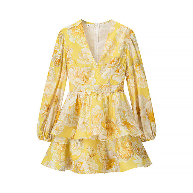 3 Colorway v Neck Long Sleeve Zipper Fly Floral Print Causal Fashion Mini Dress for Women