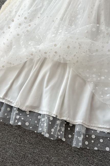 Women's Summer French Light Luxury Small Collection Waist Gauze Shampan Dress White Light Wedding Dress