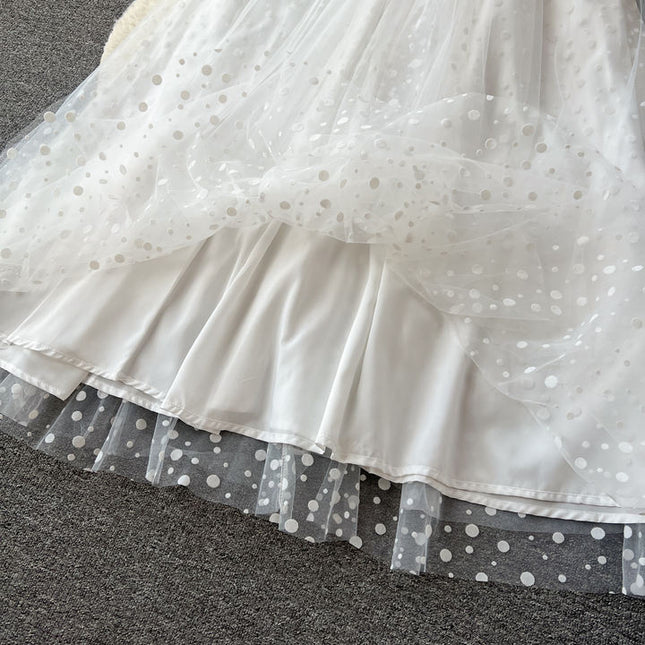 Women's Summer French Light Luxury Small Collection Waist Gauze Shampan Dress White Light Wedding Dress