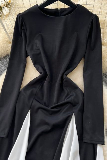 Elegant Women's Dresses New Black and White Color Clash Long Sleeve Patchwork Ruffle Long Dresses