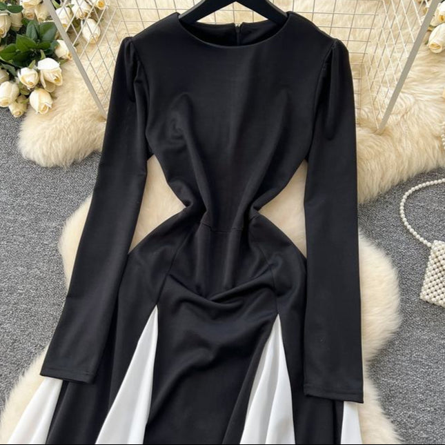 Elegant Women's Dresses New Black and White Color Clash Long Sleeve Patchwork Ruffle Long Dresses
