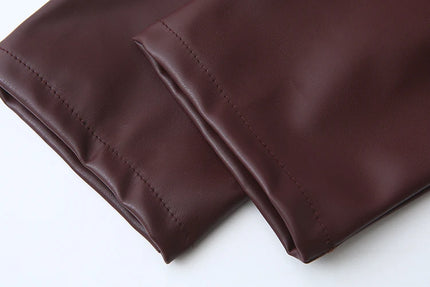 Crew Neck Burgundy Color Single Breasted Long Sleeve Casual Fashion PU Leather Jacket for Women