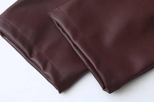 Crew Neck Burgundy Color Single Breasted Long Sleeve Casual Fashion PU Leather Jacket for Women