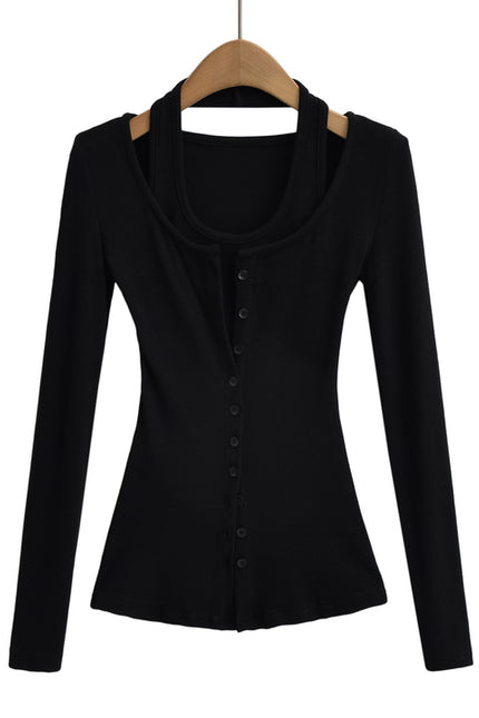 2 Colorway Solid Color Buttons up Long Sleeve Casual Fashion Women t Shirt