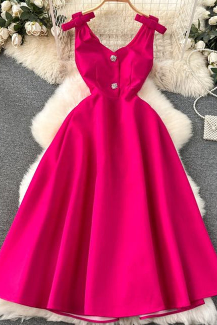 New Arrival Hepburn Fashion Trendy Bow Diamond V-neck Vestidos Women Elegant Summer Casual Dresses