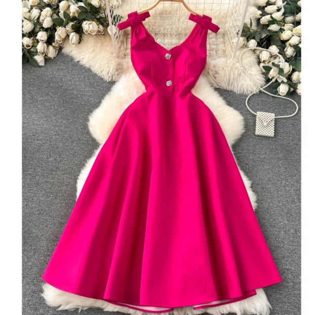 New Arrival Hepburn Fashion Trendy Bow Diamond V-neck Vestidos Women Elegant Summer Casual Dresses