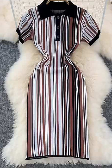Summer New Retro Polo Collar Slim Striped Tight Knit Short Sleeve Dresses