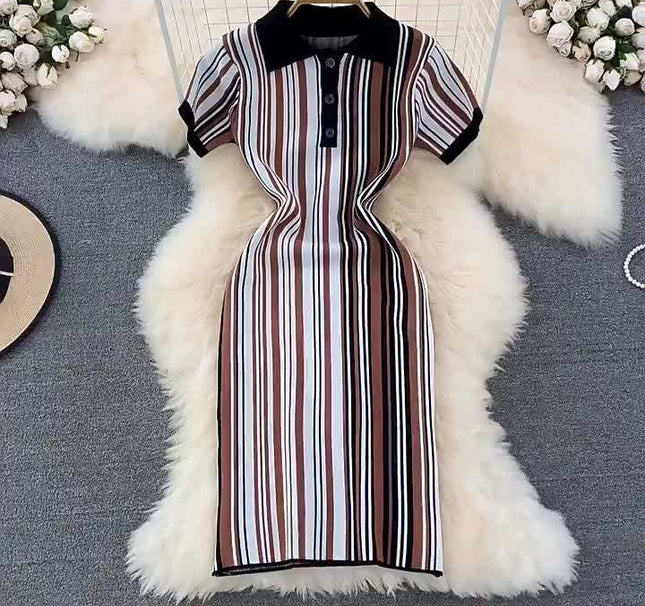 Summer New Retro Polo Collar Slim Striped Tight Knit Short Sleeve Dresses