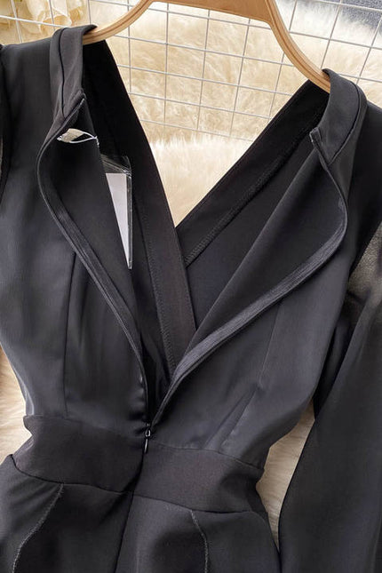 Women's Temperament V-neck High-end Jumpsuit High Waisted and Slim Mesh Patchwork Jumpsuit