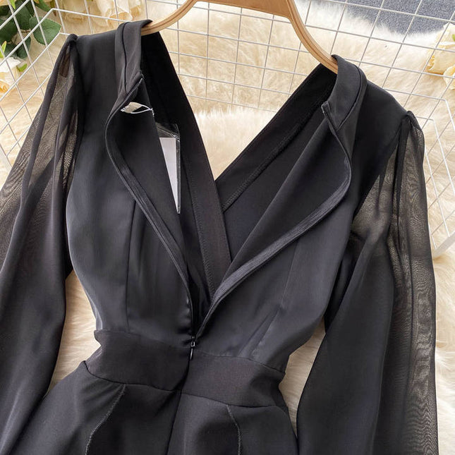 Women's Temperament V-neck High-end Jumpsuit High Waisted and Slim Mesh Patchwork Jumpsuit