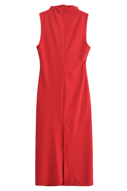 5 Colorway Pleated Sleeveless Solid Color Crew Neck Casual Fashion Summer Long Dress for Women