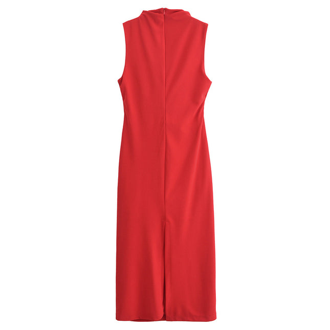 5 Colorway Pleated Sleeveless Solid Color Crew Neck Casual Fashion Summer Long Dress for Women