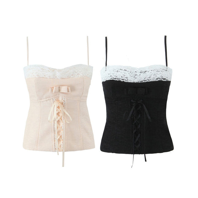2 Colorway Solid Color Front Lace up Spaghetti Strap Hot Sale Casual Fashion Crop tank Tops for Women