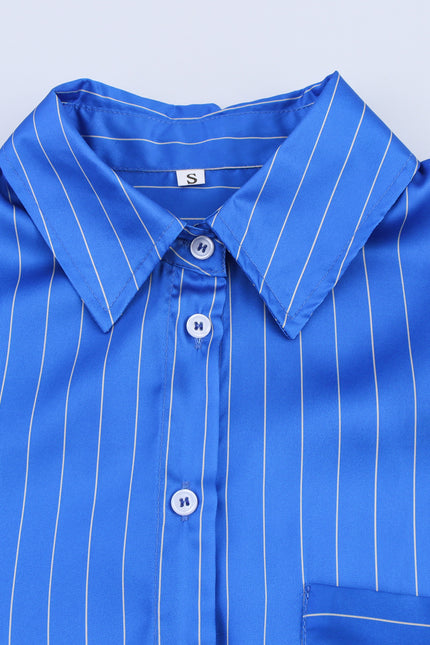 Turn Down Collar Blue Color Striped Print Long Sleeve Buttons up Casual Fashion Tops Blouse for Women