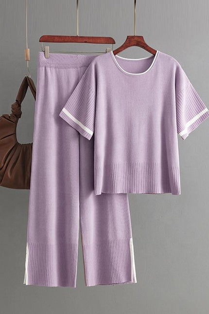 Women's New Fashion Casual Suit Color Contrast Short Sleeve Wide Leg Pants Long Pants Slit Two-piece Set