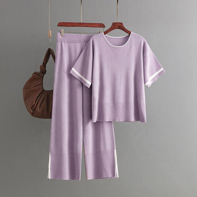 Women's New Fashion Casual Suit Color Contrast Short Sleeve Wide Leg Pants Long Pants Slit Two-piece Set