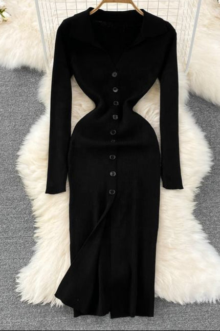 Spring and Autumn V-neck Women's Long Sleeve Knit Split Tight Dresses