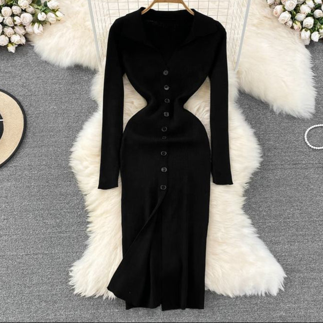 Spring and Autumn V-neck Women's Long Sleeve Knit Split Tight Dresses