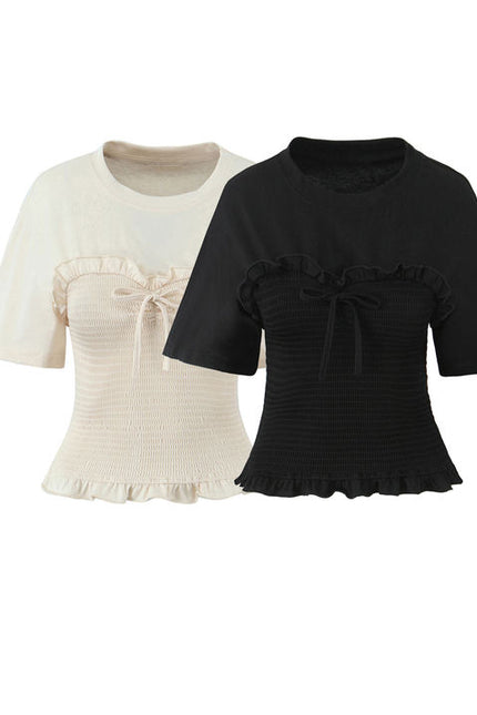 2 Colorway Crew Neck Short Sleeve Front Lace up Solid Color Casual Fashion Summer t Shirt for Women