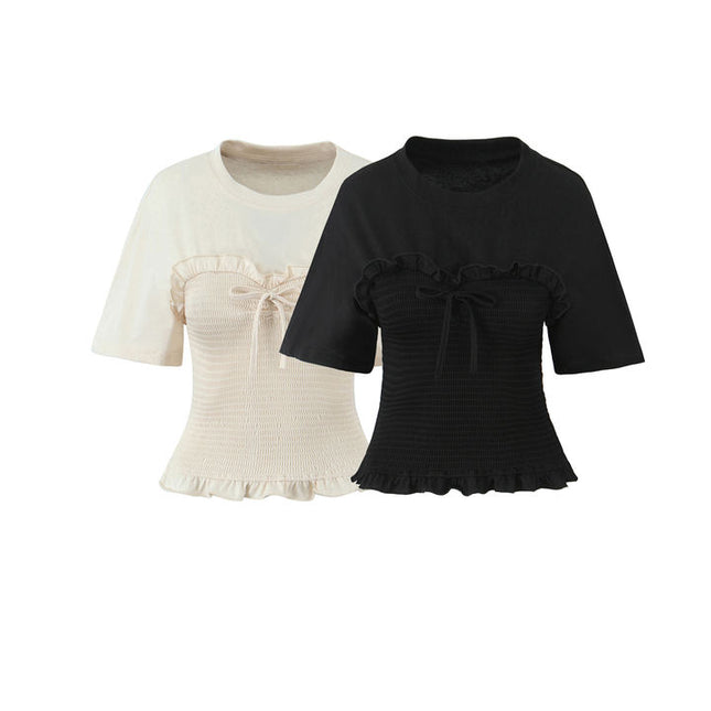 2 Colorway Crew Neck Short Sleeve Front Lace up Solid Color Casual Fashion Summer t Shirt for Women