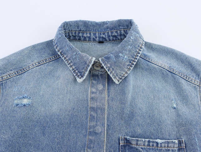 Turn Down Collar Long Sleeve Denim Blue Color Single Breasted Casual Fashion Jeans Jacket for Women