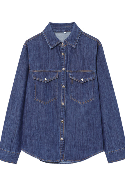 Denim Blue Color Buttons up Long Sleeve Long Sleeve Casual Fashion Jeans Tops Blouse for Women