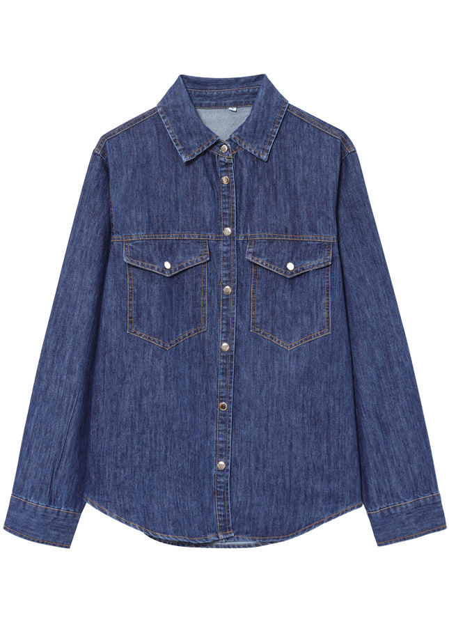 Denim Blue Color Buttons up Long Sleeve Long Sleeve Casual Fashion Jeans Tops Blouse for Women