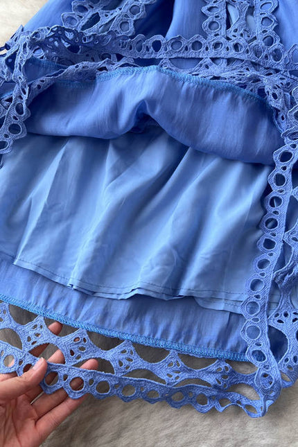 Sexy Summer Temperament Court Style Hollow Lace A-line Skirt Stand Collar Slimming Dress Female Summer Lace-up Waist Dress