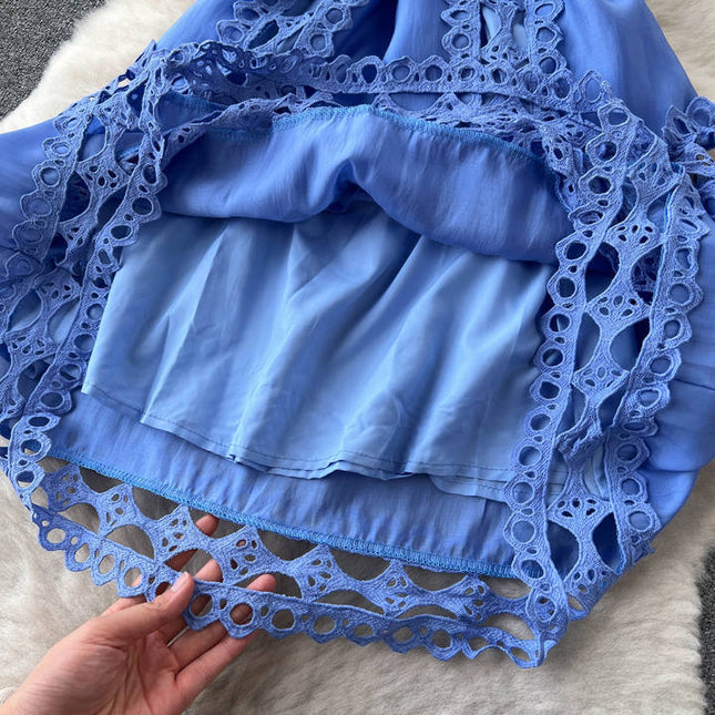 Sexy Summer Temperament Court Style Hollow Lace A-line Skirt Stand Collar Slimming Dress Female Summer Lace-up Waist Dress