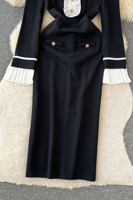 Contrast Panel Dress Slim Fit Black Mid Length Dress