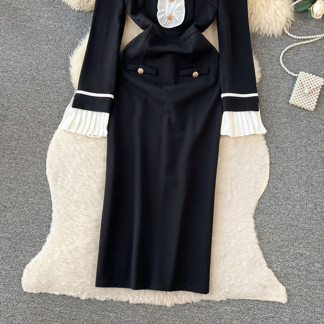 Contrast Panel Dress Slim Fit Black Mid Length Dress